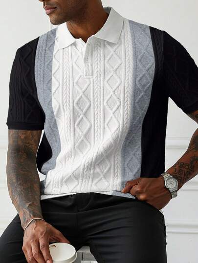 Manfinity Homme قميص بولو قصير الأكمام بنمط جاكار ولون متباين ، للرجال ، كاجوال