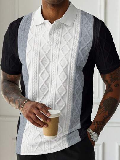 Manfinity Homme قميص بولو قصير الأكمام بنمط جاكار ولون متباين ، للرجال ، كاجوال