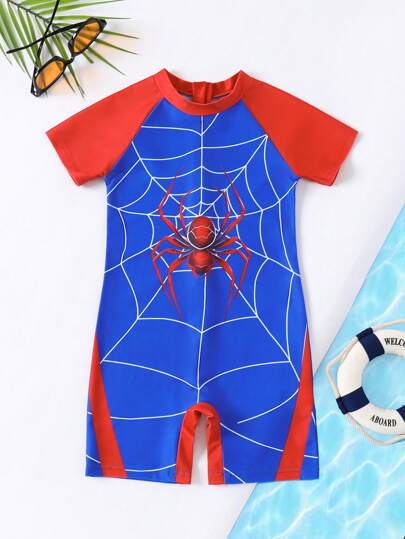 رومبير صيفية أنيقة أنيقة للأطفال الصغار، بتصميم غير رسمي عملي وجذاب بطباعة رقمية للعنكبوت ، أكمام قصيرة من نوع راجلان