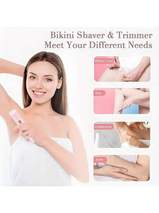 ماكينة تشذيب بكيني للنساء، ماكينة تشذيب ذات رأسين للنساء، ماكينة حلاقة بكيني 2 في 1 بشفرات سيراميك ومنفذ شحن من النوع C، ماكينة حلاقة كهربائية للنساء للشعر العانة والإبط والساقين والذراعين والوجه