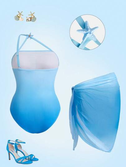 Swim Oasis بدلة سباحة قطعة واحدة باللون الأزرق مزينة بشكل نجمة البحر ذات إطباق الخصر , مع غطاء شاطئ