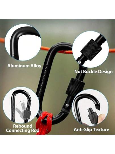 خطاف ربيعي على شكل حرف D من سبيكة الألومنيوم الأسود ، كرابينر ،حلقات مفاتيح خارجية مع مشابك إغلاق للتخييم والرحلات البرية والصيد