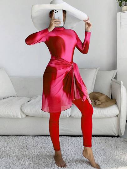 Swim Shayni 3 قطعة طقم بوركيني على الطراز الإسلامي: 1 بدلة كاملة + 1 سروال + 1 تنورة توُل، طباعة عشوائية، مخصص الطلب في 4 أيام