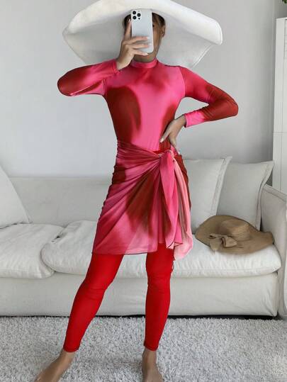 Swim Shayni 3 قطعة طقم بوركيني على الطراز الإسلامي: 1 بدلة كاملة + 1 سروال + 1 تنورة توُل، طباعة عشوائية، مخصص الطلب في 4 أيام