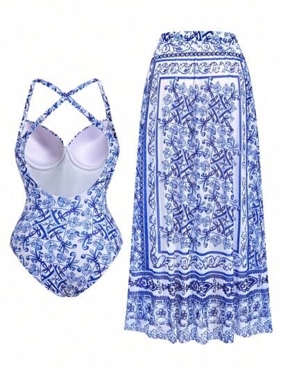 Swim Oasis ملابس سباحة للنساء كبيرة الحجم من قطعة واحدة مطبوعة مع كأس سلكي ، داعم ، مع تنورة طويلة من الشبك للتغطية ، مجموعة ملابس سباحة مكونة من 2 قطعة لموسم الصيف
