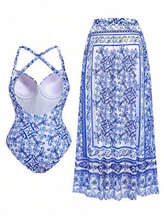 Swim Oasis ملابس سباحة للنساء كبيرة الحجم من قطعة واحدة مطبوعة مع كأس سلكي ، داعم ، مع تنورة طويلة من الشبك للتغطية ، مجموعة ملابس سباحة مكونة من 2 قطعة لموسم الصيف