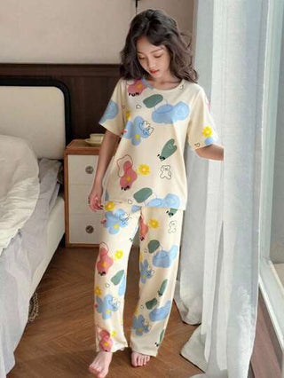 بيجاما Genkimix Kids 2 قطعة/طقم بنطلون فضفاض مضفر وتي شيرت بيج مزخرف بالزهور والدببة، بيجامة منزلية كاجوال ومريحة