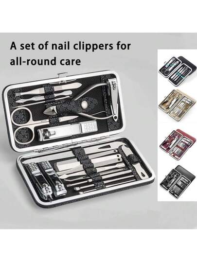 طقم أدوات جديد للمناكير والبديكير، يشمل مقصات الأظافر، قاطع البشرة الميتة، قاطعة البشرة الجافة للأذن، وأداة إزالة البشرة الميتة، مقصات الأظافر