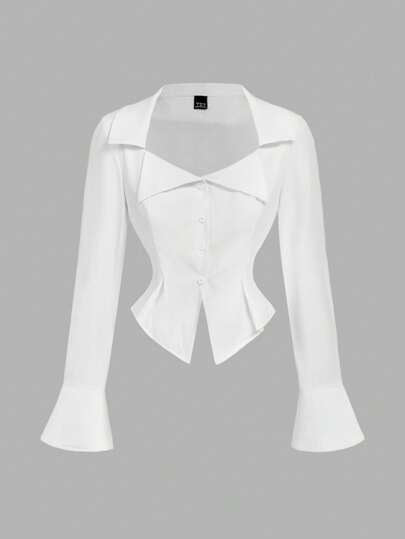 MOD بلوزة كاجوال للسيدات بياقة سادة والكمامات طويلة وجانبية الكشكشة