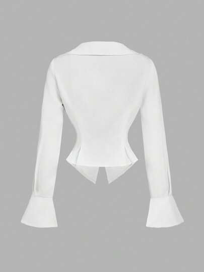 MOD بلوزة كاجوال للسيدات بياقة سادة والكمامات طويلة وجانبية الكشكشة