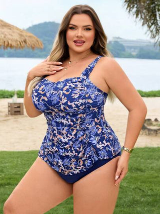 SHEIN CURVE+ مجموعة ملابس علوية كروب مطوية وسروال سباحة من الأزهار قابلة للتعديل للمرأة بمقاسات كبيرة، بدلة سباحة للعطلات البحرية