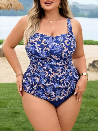 SHEIN CURVE+ مجموعة ملابس علوية كروب مطوية وسروال سباحة من الأزهار قابلة للتعديل للمرأة بمقاسات كبيرة، بدلة سباحة للعطلات البحرية