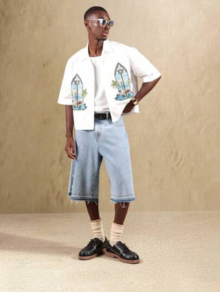 SUMWON قميص صيفي أكمام قصيرة ذو طباعة شكل نافذة الكنيسة، طباعة فنية وأنيقة بأمواج البحر وأشجار النخيل ،ملابس صيفية مناسبة للمنتجعات