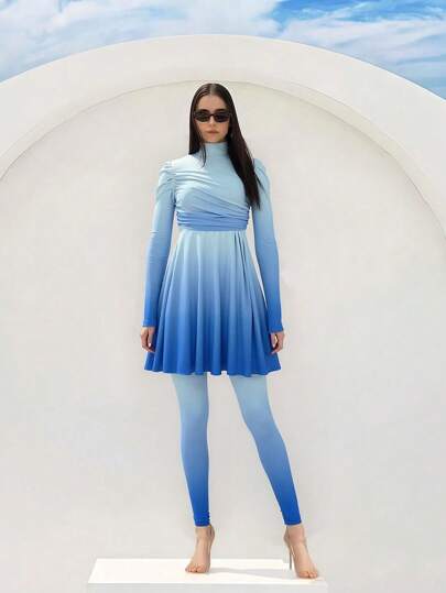 Swim Shayni بدلة السباحة النسائية ذات الخصر الضيق والطيات باللون التدرجي ، طقم بوركيني إلهامي للأجازات الشاطئية ، موديل عالي المبيعات في الشرق الأوسط