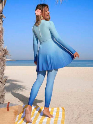 Swim Shayni بدلة السباحة النسائية ذات الخصر الضيق والطيات باللون التدرجي ، طقم بوركيني إلهامي للأجازات الشاطئية ، موديل عالي المبيعات في الشرق الأوسط