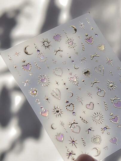 قطعة واحدة من ملصقات فن الأظافر الذهبية منقوشة بقلب وردي ، ملصقات أظافر أورورا ذات تأثير هولوغرافي للتزيين ، مجوهرات الماس واللزق الذاتي 5D ، إكسسوارات أظافر للنساء، فن الأظافر الجمالي