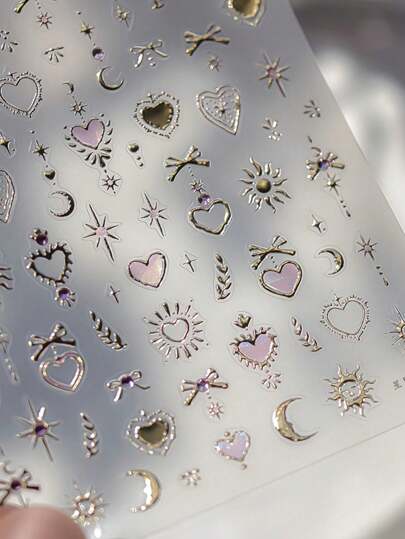 قطعة واحدة من ملصقات فن الأظافر الذهبية منقوشة بقلب وردي ، ملصقات أظافر أورورا ذات تأثير هولوغرافي للتزيين ، مجوهرات الماس واللزق الذاتي 5D ، إكسسوارات أظافر للنساء، فن الأظافر الجمالي