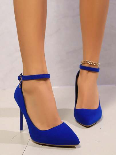 أحذية إناث عصرية متعددة الاستخدامات بنعل مدبب وحزام جوري كعب عالي رفيع، بلون أحادي جذاب للخارج والمناسبات الرسمية وحفلات الزفاف والعطلات، مصنوعة من جلد PU