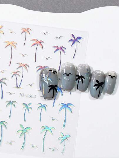 3 لاصقات فن أظافر بطراز شجرة جوز الهند باللون الفضي والأسود بتصاميم ليزرية، ديكورات شجرة جوز الهند الاستوائية، تصاميم عطلة صيفية، لوازم تزيين الأظافر DIY