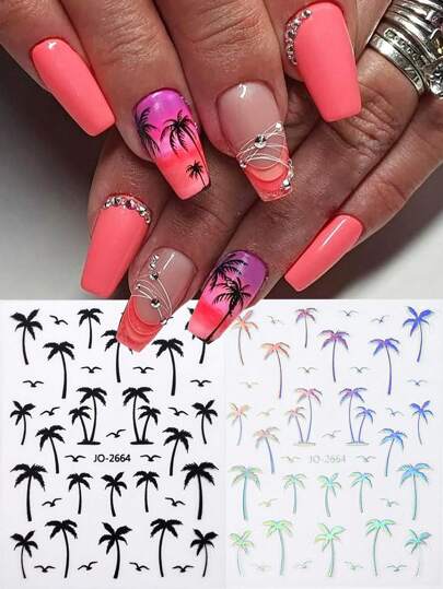 3 لاصقات فن أظافر بطراز شجرة جوز الهند باللون الفضي والأسود بتصاميم ليزرية، ديكورات شجرة جوز الهند الاستوائية، تصاميم عطلة صيفية، لوازم تزيين الأظافر DIY