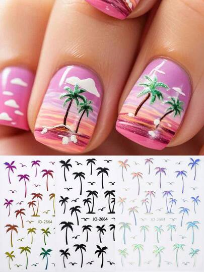 3 لاصقات فن أظافر بطراز شجرة جوز الهند باللون الفضي والأسود بتصاميم ليزرية، ديكورات شجرة جوز الهند الاستوائية، تصاميم عطلة صيفية، لوازم تزيين الأظافر DIY