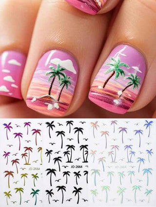 3 لاصقات فن أظافر بطراز شجرة جوز الهند باللون الفضي والأسود بتصاميم ليزرية، ديكورات شجرة جوز الهند الاستوائية، تصاميم عطلة صيفية، لوازم تزيين الأظافر DIY