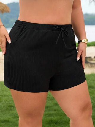 SHEIN CURVE+ ملابس سباحة نسائية فائقة الحجم من قماش مخطط ملمسي ذو رباط في الخصر، سروال سباحة فاشن مميميلست للعطلات والشاطئ