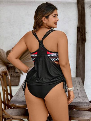 Swim Lushoire ملابس سباحة بكيني للمرأة ذات حجم كبير موديل بياقة مثلثة، بطبعة أشجار النخيل البيضاء على قاعدة سوداء، تصميم عصري مناسب للعطلات وللاستخدام اليومي، مرتفع من الخصر، قابل للتعديل بحمالات