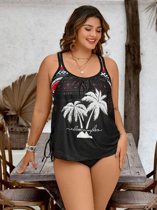 Swim Lushoire ملابس سباحة بكيني للمرأة ذات حجم كبير موديل بياقة مثلثة، بطبعة أشجار النخيل البيضاء على قاعدة سوداء، تصميم عصري مناسب للعطلات وللاستخدام اليومي، مرتفع من الخصر، قابل للتعديل بحمالات