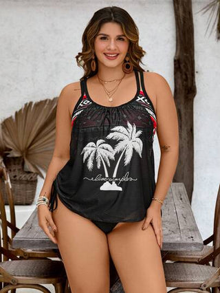 Swim Lushoire ملابس سباحة بكيني للمرأة ذات حجم كبير موديل بياقة مثلثة، بطبعة أشجار النخيل البيضاء على قاعدة سوداء، تصميم عصري مناسب للعطلات وللاستخدام اليومي، مرتفع من الخصر، قابل للتعديل بحمالات
