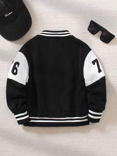 SHEIN جاكيت بيسبول أحادي الصدر ذو طباعة حرف وشريطية، طويل الأكمام، للأولاد الصغار