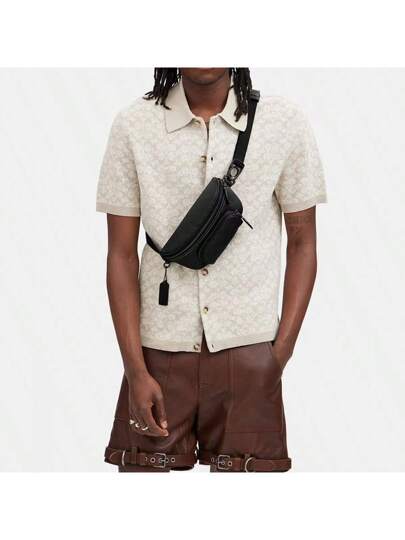 Coach حقيبة كتف جلدية سوداء، حقيبة كروس بودي، حقيبة صدر، حقيبة ظهر للرجال مع حزام قابل للتعديل