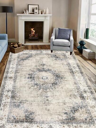 قطعة واحدة من السجادة المزخرفة القديمة بطباعة الزهور المتلاشية، قصيرة الحزم غير منزلقة، قابلة للغسيل، مناسبة لديكور غرفة النوم، سجادة خفيفة رقيقة للردهة والمداخل وغرفة المعيشة والمكتب وديكور المنزل، بني