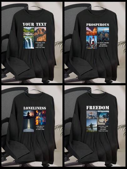 قميص تي شيرت رجالي أسود بأكمام طويلة مخصص بطباعة شخصية، يمكن تحميل صورتك الخاصة/صورة الحيوان الأليف/صورة عائلية، مناسب لليالي هالوين والكريسماس وعيد الميلاد وعيد الحب وعيد الأب ، حفل تذكاري مريح بتصميم فضفاض وياقة دائرية، قميص رجالي قطني للاستخدام المنزلي