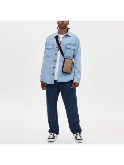 Coach حقيبة Stanton 12 الكلاسيكية المصنوعة من الجلد، حقيبة كروس بودي، حقيبة كتف، حقيبة يد للرجال مع سحاب للإغلاق وحزام قابل للتعديل والفصل