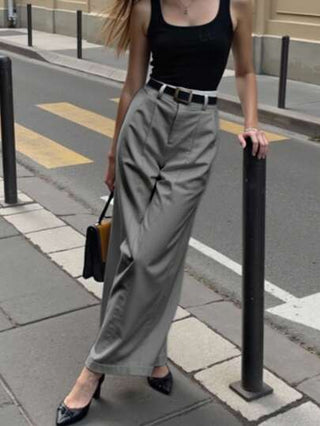 Franclia سروال كاجوال للنساء بتصميم شريطي منتفخ الساق باللون الأحادي للذهاب للعمل