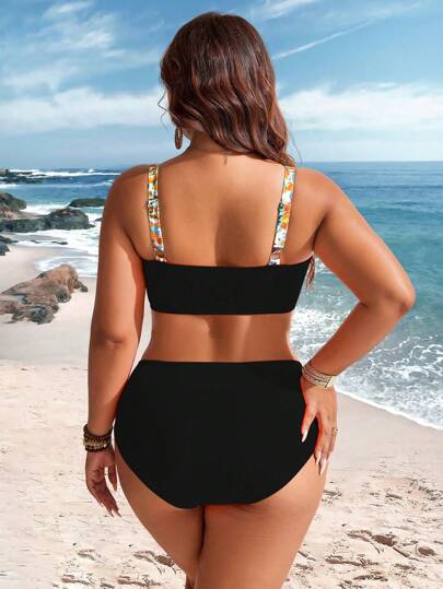 Swim Lushoire طقم بكيني زهري بحمالات رفيعة للنساء البدينات 2 قطعة، موضة كاجوال