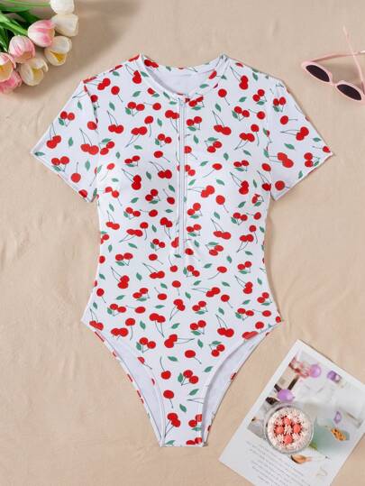 Swim SPRTY ملابس السباحة الكيوت للنساء ذات الأكمام القصيرة العشوائية بطباعة الكرز الصيفية الجديدة مع سحّاب كديكور، مناسبة للعطلات والتزلج على الأمواج