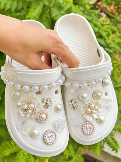 20 قطعة من سلسلة الحبيبات الذهبية قابلة للإزالة ، زهور حديقة مزيفة اللؤلؤ فينتاج DIY ديكور الأحذية ، إكسسوارات للأحذية المثقوبة