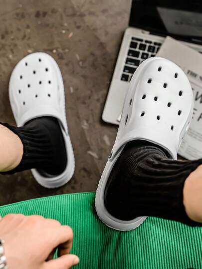 نعال كاجوال ذكورية مثقبة، قابلة للتنفس، مريحة، ذات أصابع مستديرة، مسطحة، مضادة للانزلاق، خفيفة الوزن، ذات لون أحادي، متعددة الاستخدامات للحدائق والشاطئ