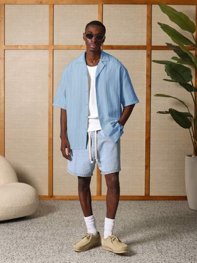 SUMWON قميص بنمط ملمس غير ملائم، كم قصير، صيفي خفيف الوزن، رسمي للاستجمام والعطلات والشاطئ، قميص أزرار