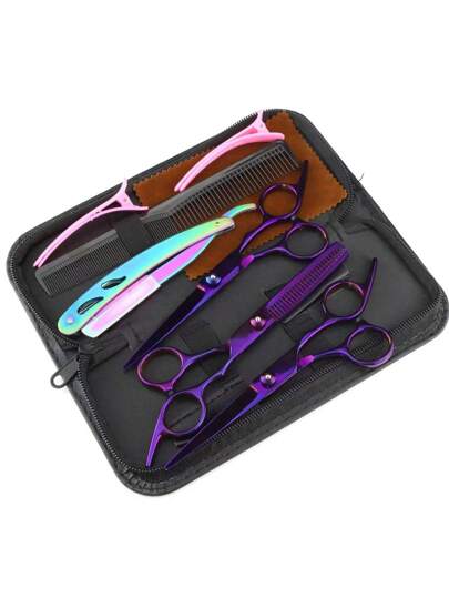 طقم من 9 قطع مقص تجميل طويل ذو خصر انحناء ملون بطول 6 بوصة، مقص تدريج وتنظيف الغرة ومقص شق، مع طقم اكسسوارات وأدوات تصفيف الشعر، مقاس 6 بوصة للتجميل والتصفيف ، مجموعة أدوات تصفيف الشعر للحلاقين