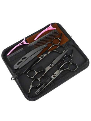 طقم من 9 قطع مقص تجميل طويل ذو خصر انحناء ملون بطول 6 بوصة، مقص تدريج وتنظيف الغرة ومقص شق، مع طقم اكسسوارات وأدوات تصفيف الشعر، مقاس 6 بوصة للتجميل والتصفيف ، مجموعة أدوات تصفيف الشعر للحلاقين