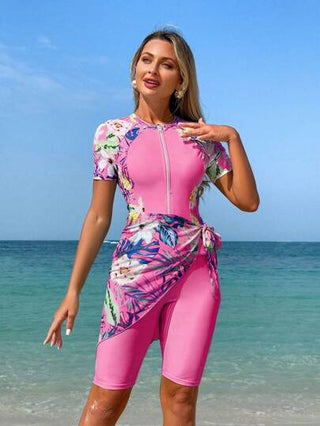 Swim Mulvari 3 قطعة/مجموعة ملابس علوية أكمام قصيرة مطبوعة بأسلوب الشرق الأوسط، شورت وبلوزة واقية للسباحة للنساء