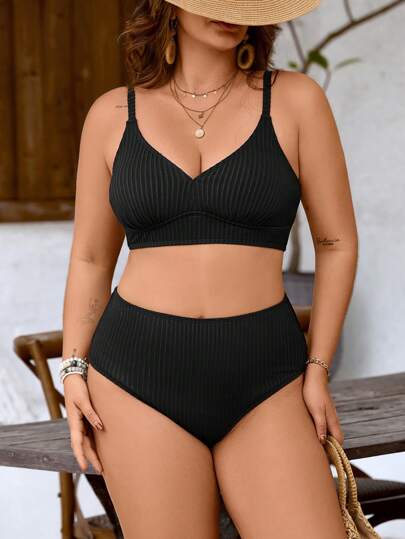 Swim Lushoire مجموعة بكيني قبالة الكتف ذات لون أحادي عصري وجذاب مقاس كبير للنساء قطعتين/الشاطئ والعطلات