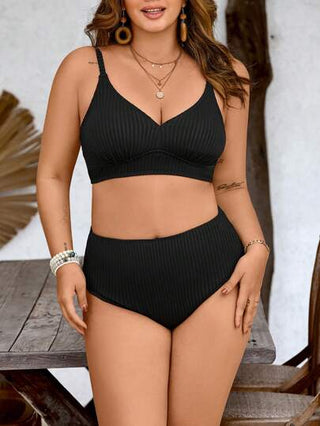 Swim Lushoire مجموعة بكيني قبالة الكتف ذات لون أحادي عصري وجذاب مقاس كبير للنساء قطعتين/الشاطئ والعطلات