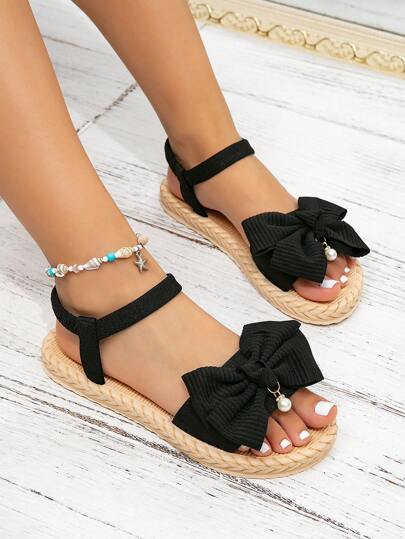 نساء سندل شقة مزين بفيونكة مفتوحة اصبع القدم، موضة كاجوال للخارج، تصميم حساس، مريحة ومضادة للانزلاق للشاطئ والمناسبات اليومية ، الربيع/الصيف/الخريف