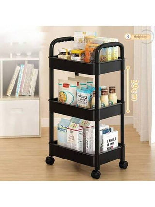 عربة تخزين بلاستيكية بيضاء متعددة الوظائف مع أرفف متدرجة، مناسبة لتنظيم المطبخ والحمام والنوم