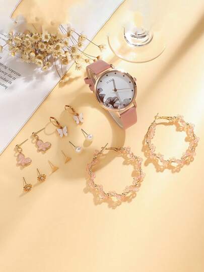 مجموعة من 13 قطعة ساعة بعقارب الكوارتز مزينة بنقوش من أحجار الراين على الميناء وسوار جلدي متناسق، إضافة إلى مجموعة متنوعة من أقراط أنيقة، مناسبة كهدية عيد ميلاد أو للاستخدام اليومي