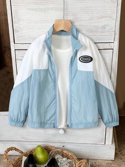 سترة قطنية شبابية بطبعات ألوان، طوق عالي مع إغلاق سوستة ، قطع لاصقة، نسيج مريح، مناسب للمدرسة والخروجات والأنشطة اليومية، للربيع والصيف والخريف